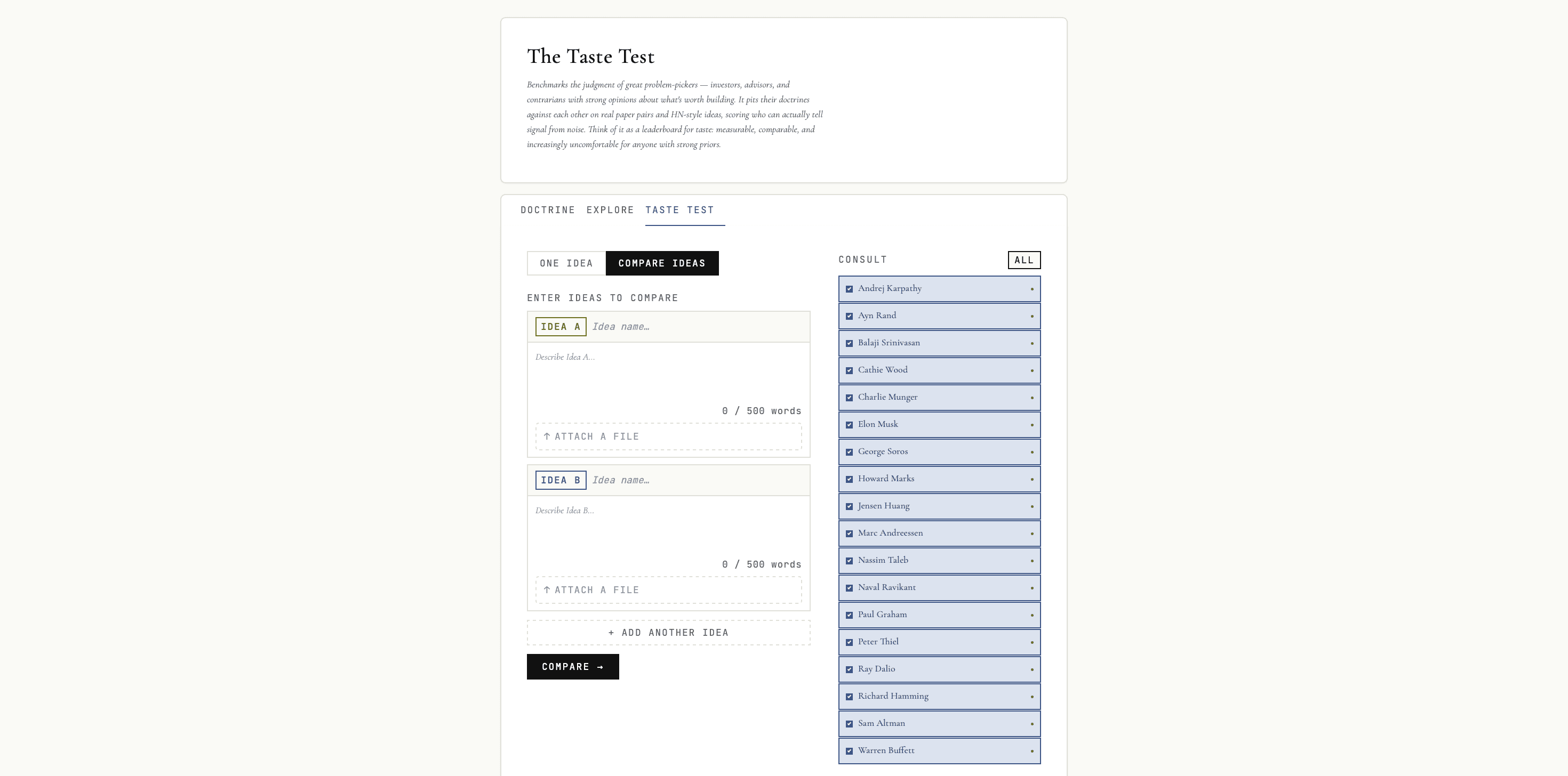The Taste Test web app — comparing two ideas across a panel of operator personas